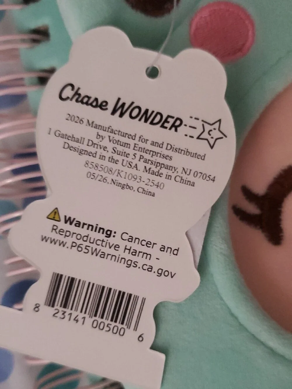 Chase Wonder Plush Zippered Kids Notebook - Mint with Pink Accents
